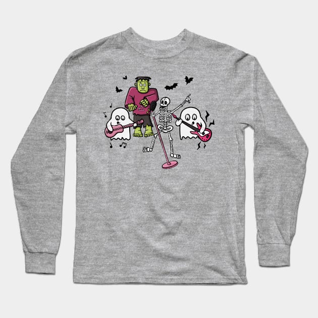 Halloween Band, Skeleton, Frankenstein, Ghosts, Music Cute Funny Digital Illustration Long Sleeve T-Shirt by AlmightyClaire